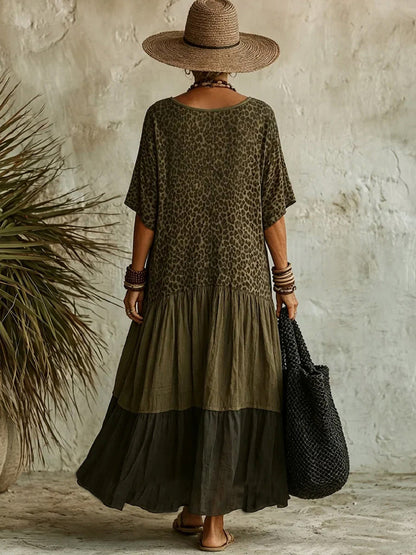 Split-Joint Printed Pleated Leopard Loose Half Sleeves Deep V-Neck Maxi Dresses