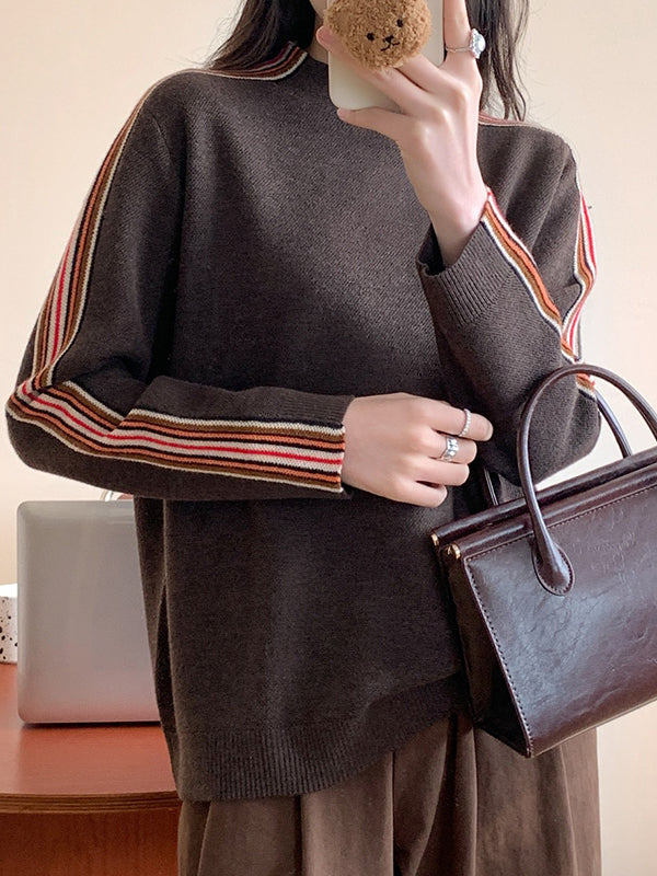 Long Sleeves Loose Contrast Color Striped Mock Neck Pullovers Sweater Tops