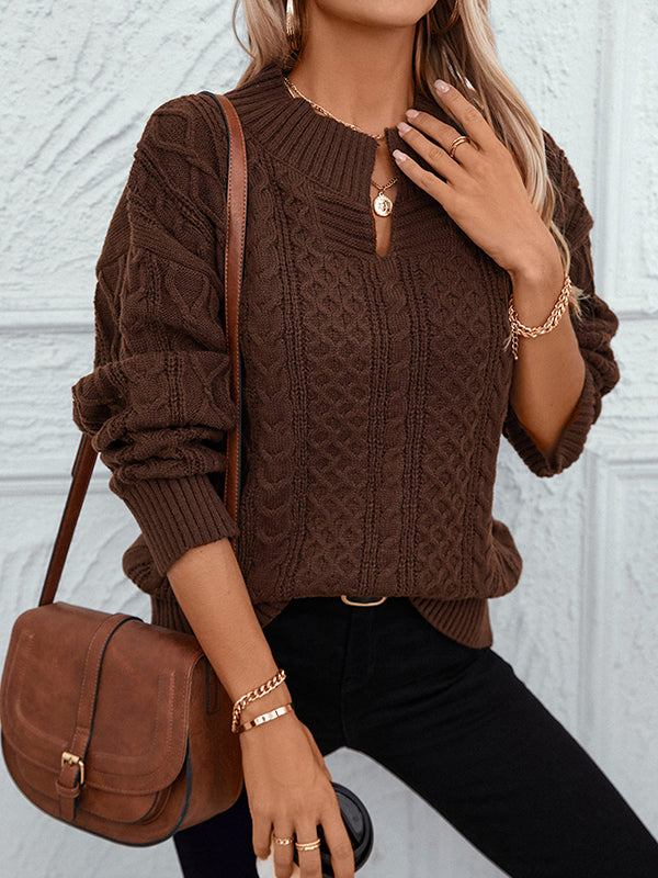 Long Sleeves Loose Solid Color Split-Joint V-Neck Pullovers Sweater Tops