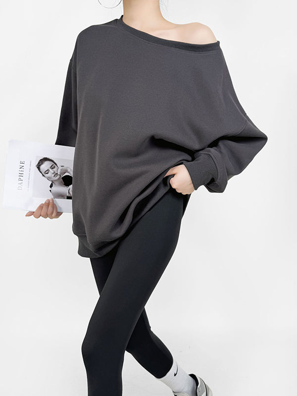 Long Sleeves Loose Solid Color Split-Joint Round-Neck Sweatshirt Tops
