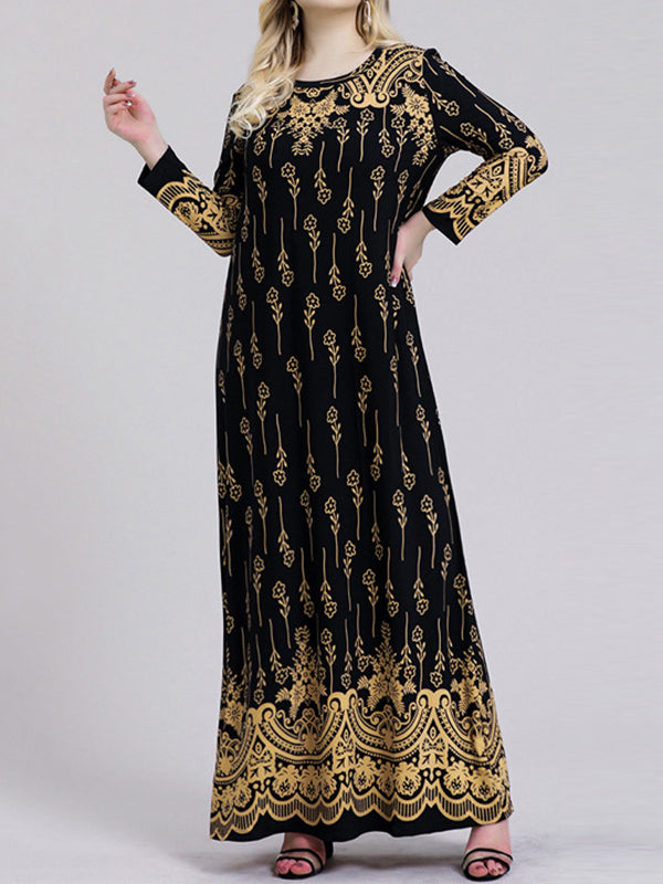 Long Sleeves Plus Size Printed Split-Joint Round-Neck Maxi Dresses