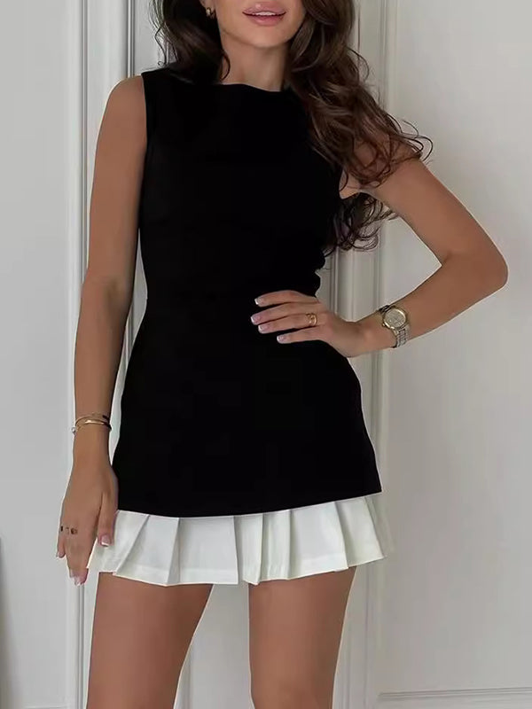 Sleeveless Pleated Solid Color Split-Joint Tiered Round-neck Mini Dresses