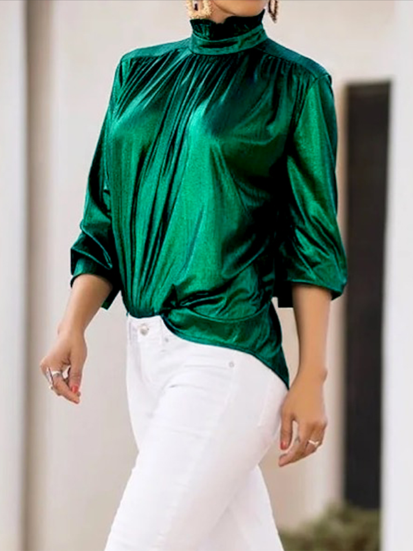 Loose Three-Quarter Sleeves Shiny Solid Color High-Neck Blouses&Shirts Tops