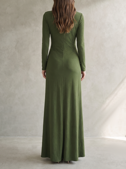Solid Color Knot Long Sleeves Bodycon Round-neck Maxi Dresses