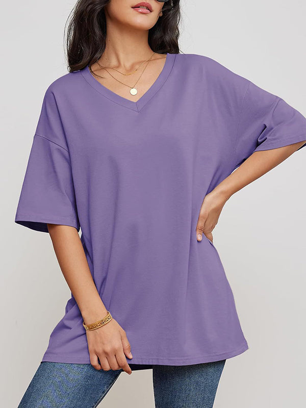 Short Sleeves Solid Color Split-Joint V-Neck T-Shirts