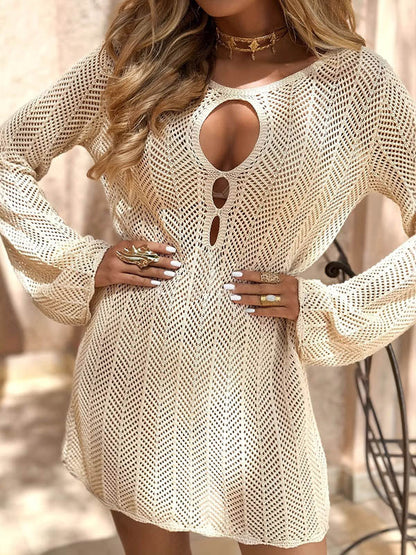 Long Sleeves Loose Hollow Solid Color Split-Joint Round-Neck Mini Dresses