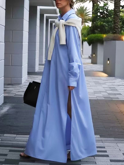 Long Sleeves Loose Buttoned Pockets Solid Color Split-Joint Split-Side Lapel Maxi Dresses Shirt Dress