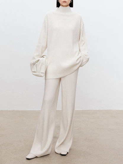 Solid Color High-Neck Long Sleeves Sweater Top + Wide Leg Pants Bottom Two Pieces Set