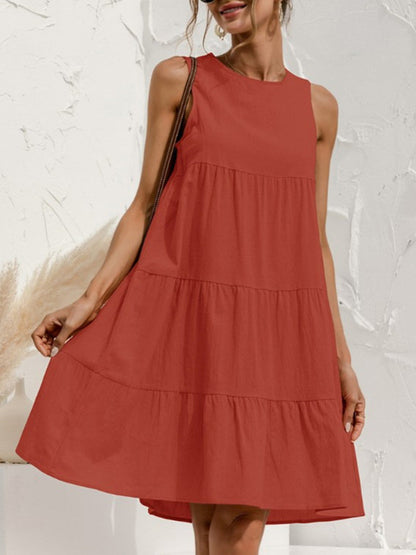 A-Line Loose Pleated Solid Color Split-Joint Round-Neck Mini Dresses