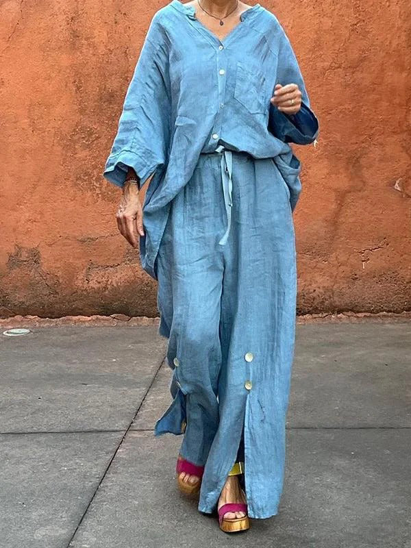 Loose Raglan Sleeve Split-Joint V-Neck Blouses&Shirts Tops