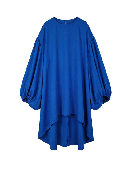 Batwing Sleeves High-Low Pleated Solid Color Split-Joint Round-Neck Midi Dresses