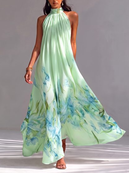Split-Joint Printed Pleated Contrast Color Sleeveless Loose Stand Collar Maxi Dresses