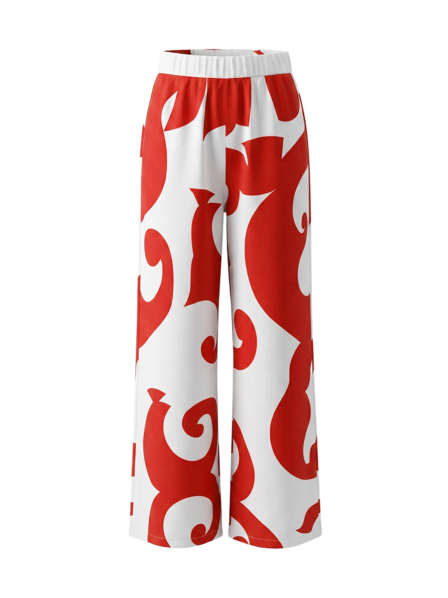 High Waisted Loose Contrast Color Pockets Printed Split-Joint Pants Trousers