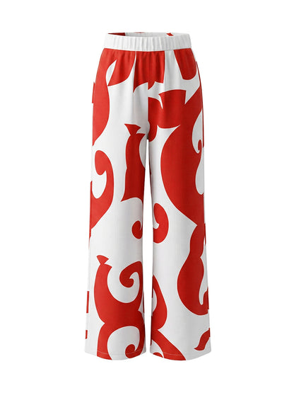 High Waisted Loose Contrast Color Pockets Printed Split-Joint Pants Trousers