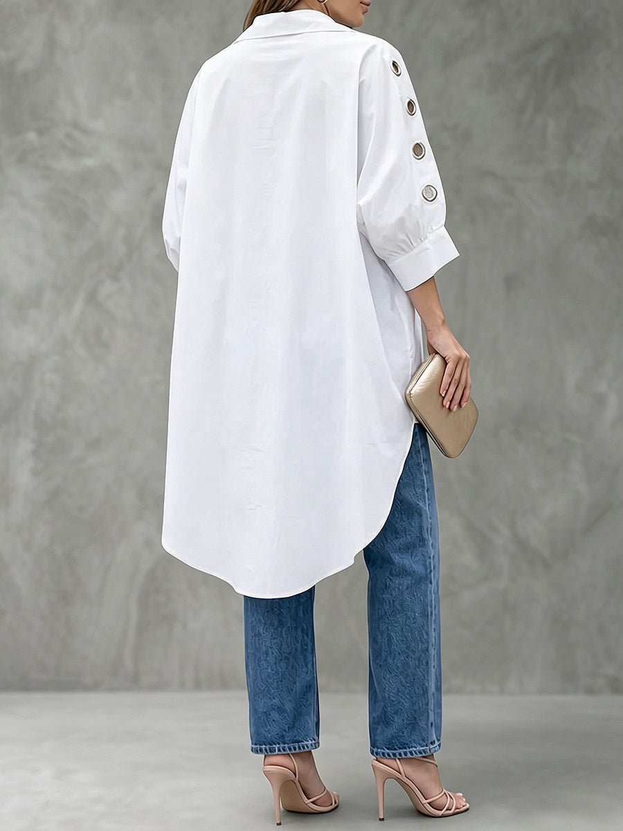High-Low Loose Buttoned Hollow Pleated Solid Color Lapel Blouses&Shirts Tops