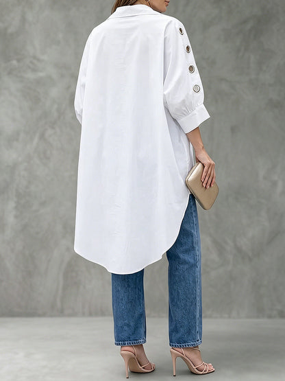 High-Low Loose Buttoned Hollow Pleated Solid Color Lapel Blouses&Shirts Tops