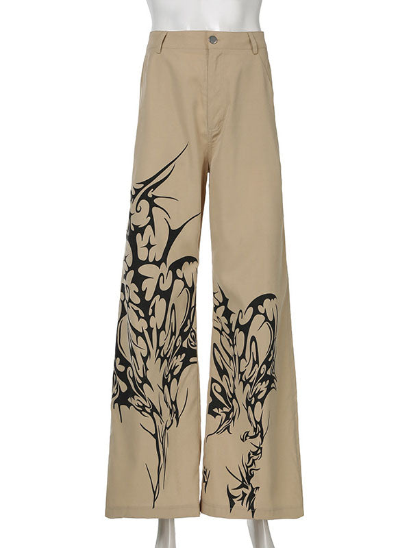 High Waisted Loose Asymmetric Printed Split-Joint Pants Trousers