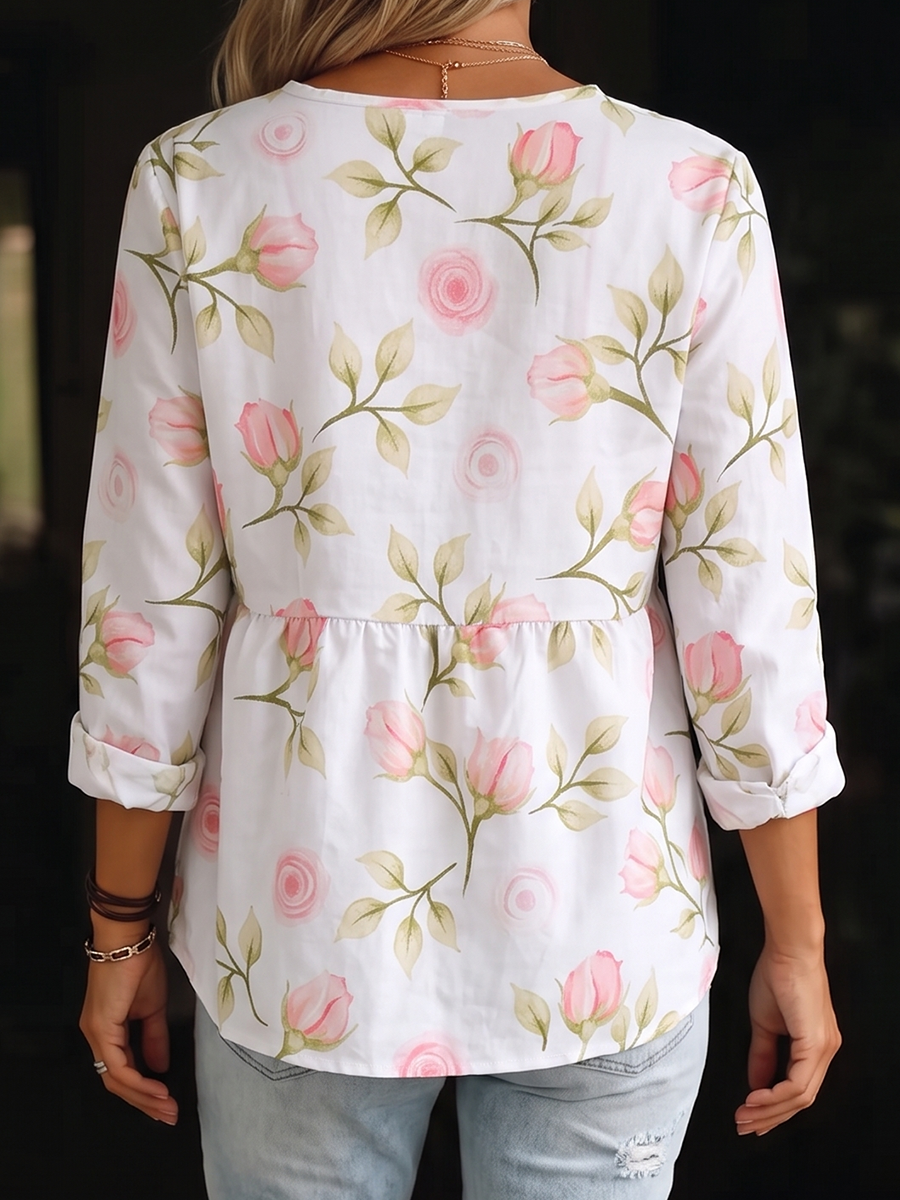 Long Sleeves Loose Buttoned Flower Print V-Neck Blouses&Shirts Tops