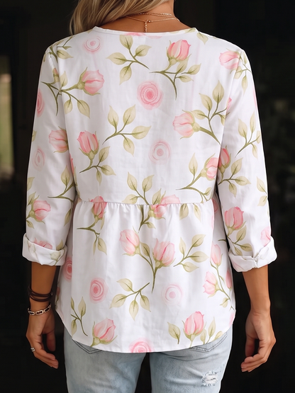 Long Sleeves Loose Buttoned Flower Print V-Neck Blouses&Shirts Tops