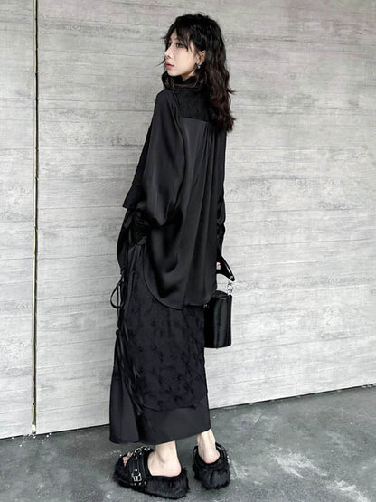 Solid Color Split-Joint Asymmetric Drawstring Flower Print   False Two Lapel Buttoned Pockets Blouses&Shirts Tops + Elasticated Waist Double Layered Skirts Bottoms Two Pieces Set