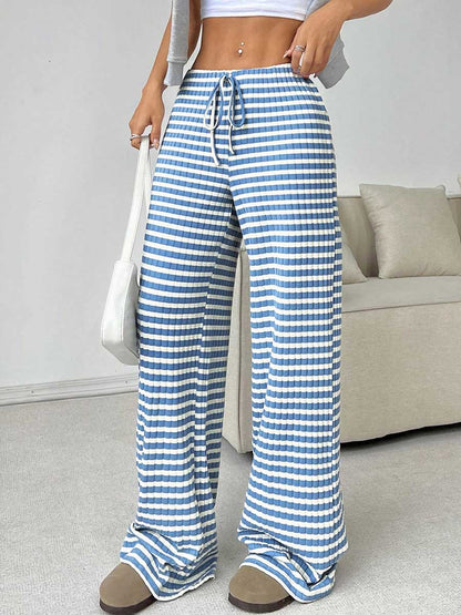 Elasticated Waist High Waisted Contrast Color Drawstring Split-Joint Striped Pants