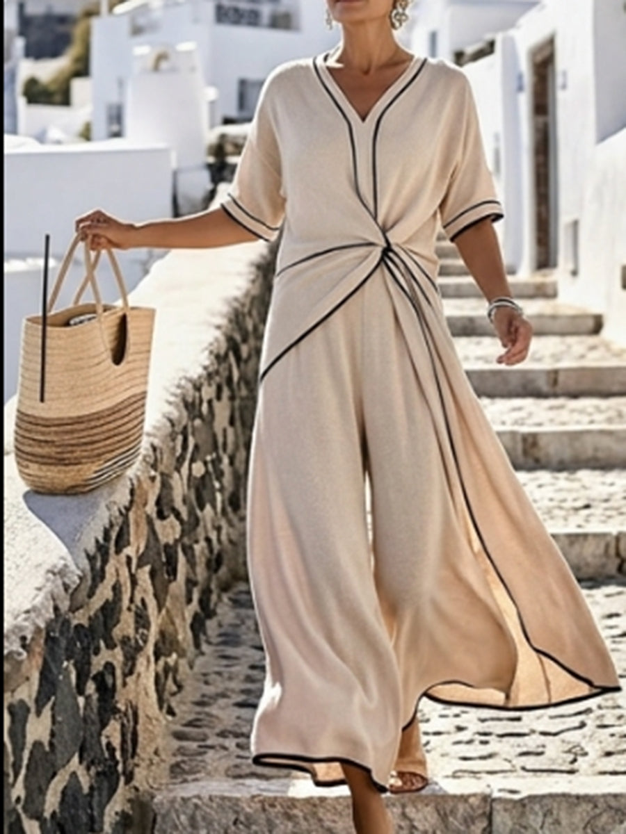 A-Line High Waisted Contrast Color Knot Line Pleated Pockets V-Neck Jumpsuits