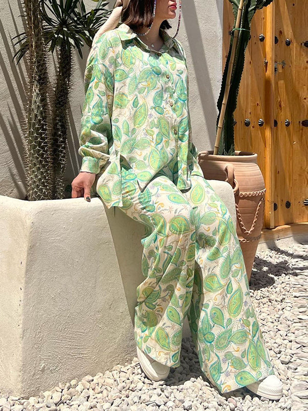 Leaves Print Long Sleeves Loose Buttoned Split-Side Lapel Shirts Top +  Pants Bottom Two Pieces Set
