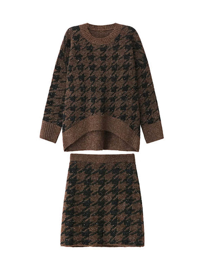 Contrast Color Split-Joint Ribs Shiny Swallow Gird/Houndstooth Round-Neck Sweater Tops + A-Line Elasticated Waist Skirts Bottoms  Two Pieces Set