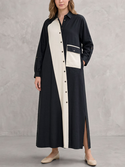 Split-side Split-Joint Pockets Contrast Color Buttoned Asymmetric Loose Long Sleeves Lapel Shirt Dress Maxi Dresses