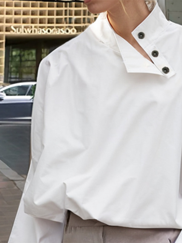 Long Sleeves Loose Buttoned Solid Color Stand Collar Blouses&Shirts Tops