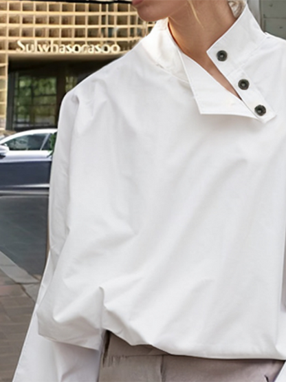 Long Sleeves Loose Buttoned Solid Color Stand Collar Blouses&Shirts Tops
