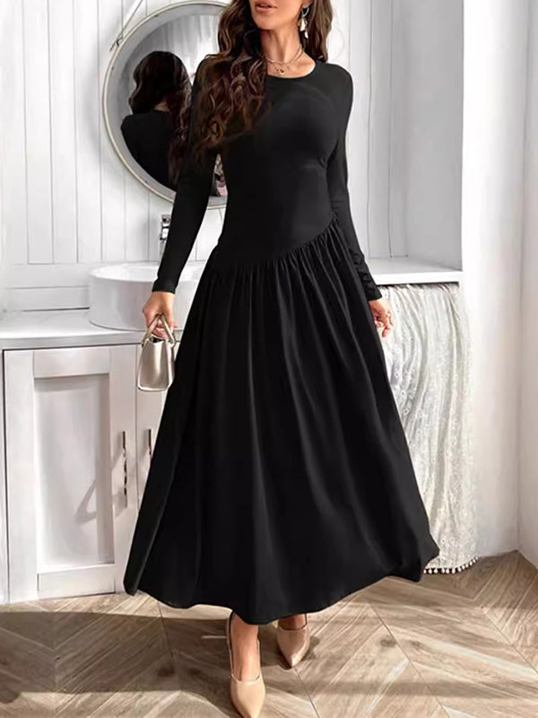 Long Sleeves Skinny Solid Color Split-Joint Round-Neck Maxi Dresses