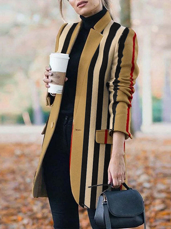 Long Sleeves Loose Buttoned Split-Joint Striped Stand Collar Woolen Coat