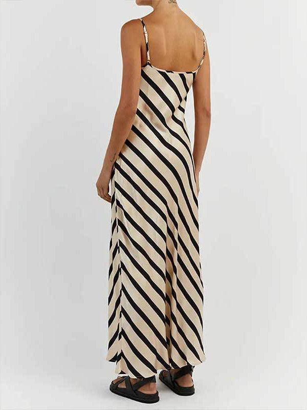 High Waisted Loose Striped Spaghetti-Neck Maxi Dresses