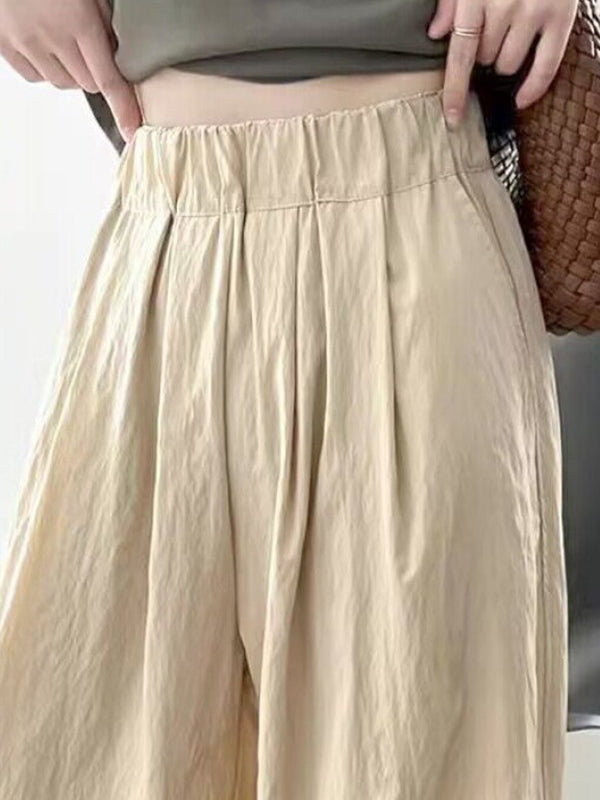 High Waisted Loose Elasticity Pleated Pockets Solid Color Pants Trousers