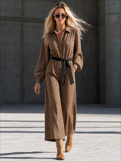 Tied Waist Pockets Leopard Buttoned Wide Leg Loose Lapel Jumpsuits