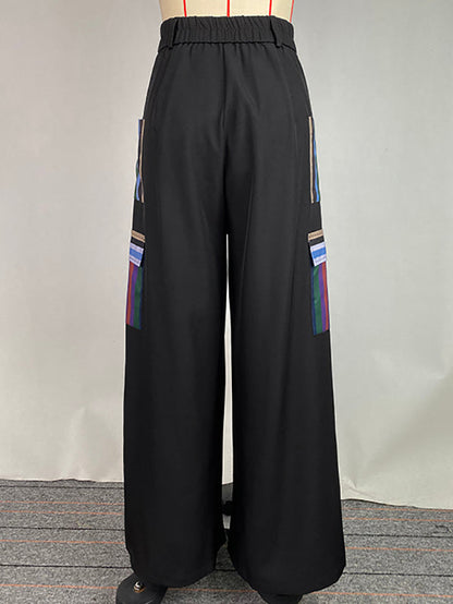 High Waisted Loose Pockets Split-Joint Striped Pants Trousers