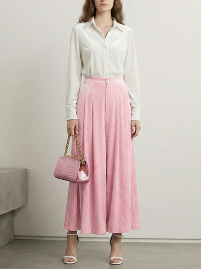 High Waisted Elasticity Pleated Pockets Solid Color Skirts Bottoms
