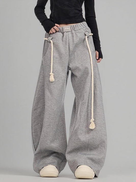 High Waisted Loose Drawstring Elasticity Pockets Solid Color Pants Trousers