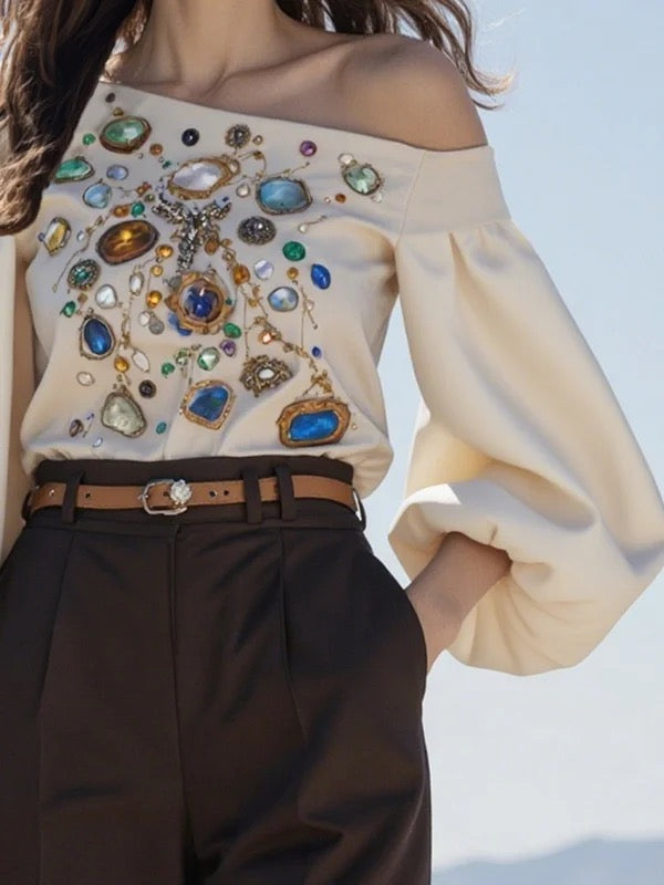 Long Sleeves Puff Sleeves Printed Off-The-Shoulder Blouses&Shirts Tops