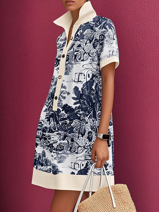 Loose Short Sleeves Buttoned Contrast Color Pockets Stand Collar Mini Dresses