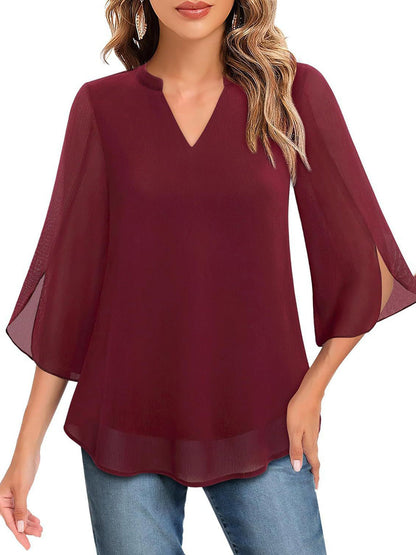 Half Sleeves Loose Solid Color V-Neck Blouses&Shirts Tops
