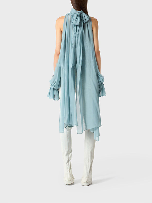 High-Low Long Sleeves Elasticity Hollow Pleated Solid Color Mock Neck Blouses&Shirts Tops