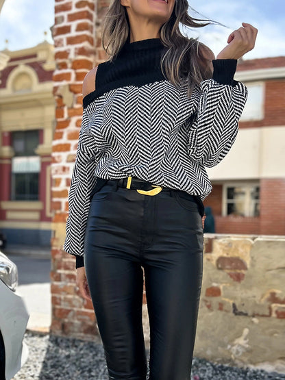 Loose Puff Sleeves Contrast Color Split-Joint Cold Shoulder Sweater Tops