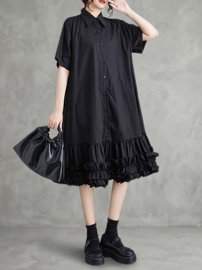 Half Sleeves Loose Buttoned Pleated Ruffled Solid Color Lapel Midi Dresses Shirt Dress