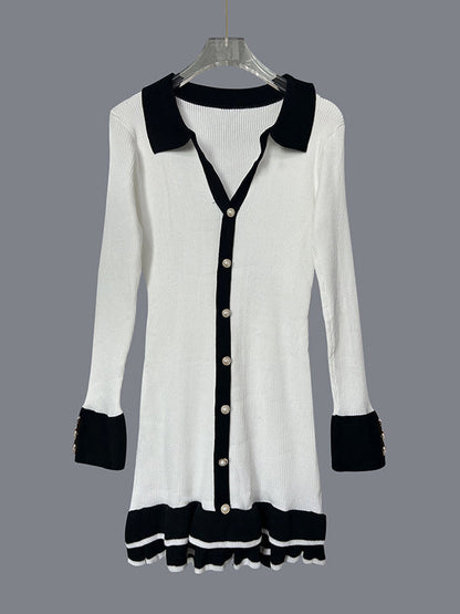 Bodycon High Waisted Buttoned Contrast Color Ruffled V-Neck Knit Dresses Mini Dresses