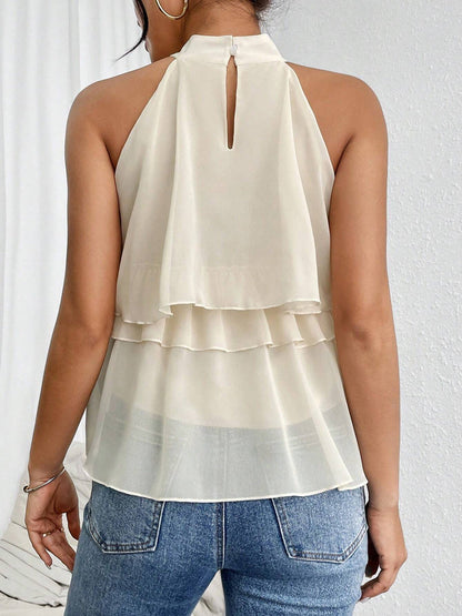 Sleeveless Hollow Ruffle Trim Solid Color Split-Joint Halter-Neck Tank Top
