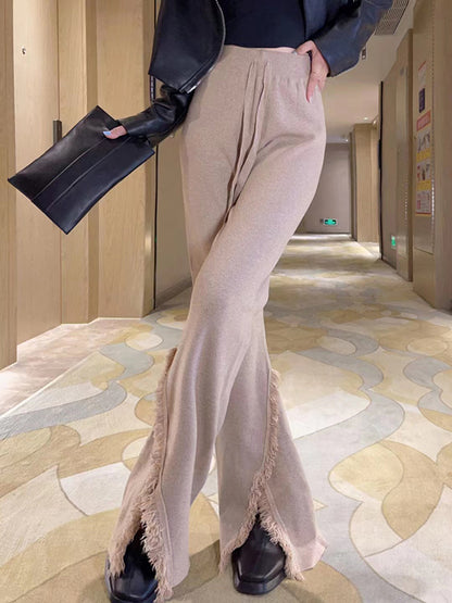 High Waisted Wide Leg Drawstring Fringed Solid Color Split-Front Bell-Bottoms Pants Trousers
