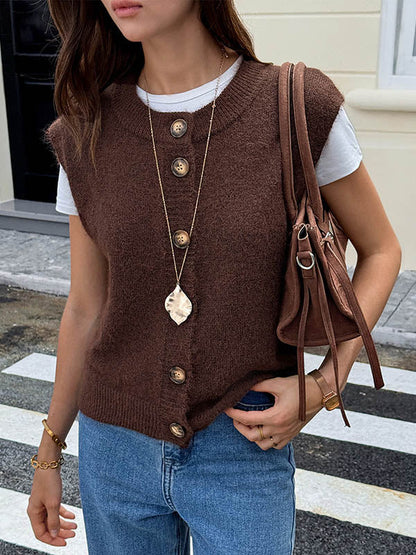 Loose Sleeveless Buttoned Contrast Color Split-Joint Round-Neck Outerwear Vest Top