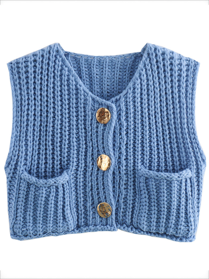 Sleeveless Buttoned Pockets Solid Color Cardigan Tops Knit Top